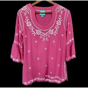 Escapada Womens Embroidered Tunic Top Bell Sleeve Pink White Sz S Boho Fairy